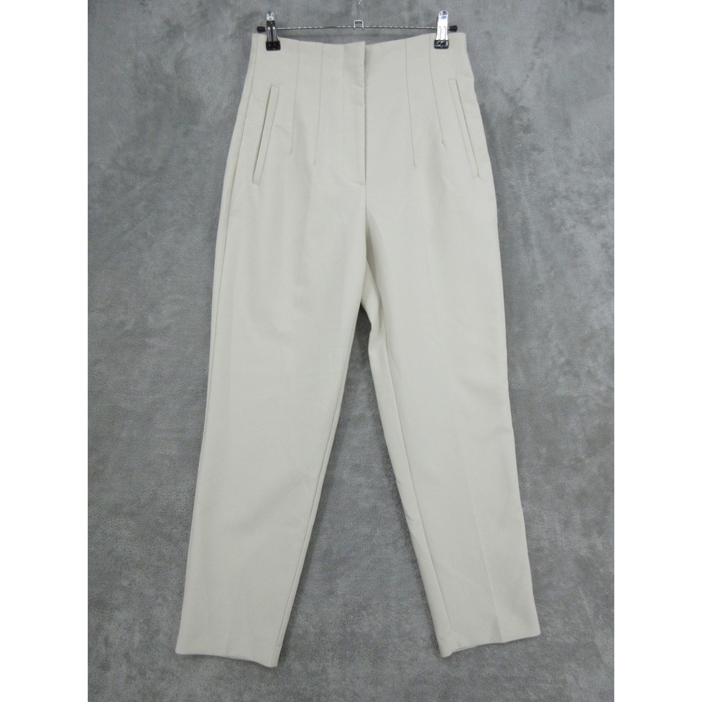 Zara Pants Womens Size M Cream High Waist Tapered Leg Pockets Minimalist Trouser